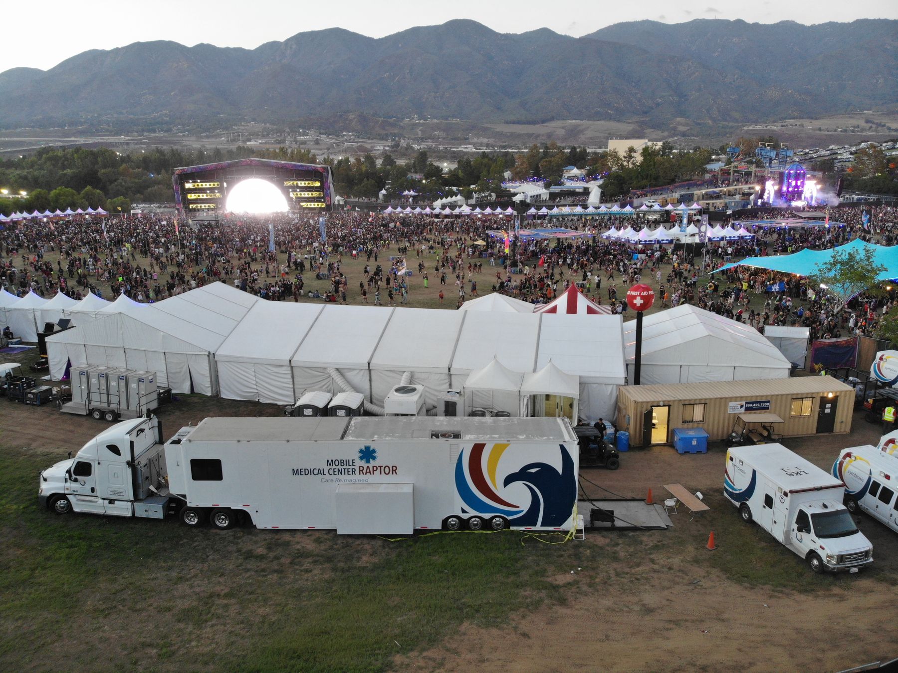 Aerial view of Symbiosis medical tent and RAPTOR unit at a multi-day music festival